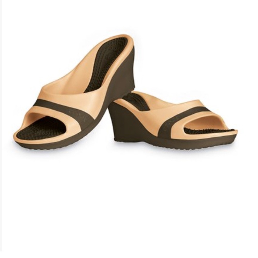 Crocs Slides Sassari Women’s Wedge Heel Sandal in Chocolate & Gold Sz 10 EUC